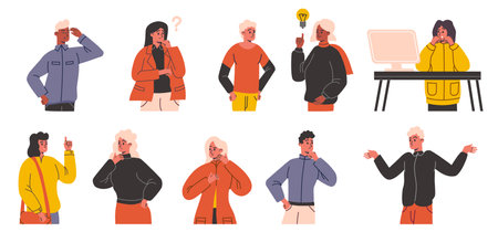 Thoughtful characters. Cartoon concerned people. Complex problems solution. Idea search. Doubting men or women. Uncertainty and confusion. Finding decision. Vector thinking persons setのイラスト素材