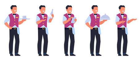 Waiter character. Restaurant employee. Headwaiter or sommelier. Man in cafe uniform. Male holding menu and wine bottle. Person carrying cup on tray. Vector catering workers poses setのイラスト素材
