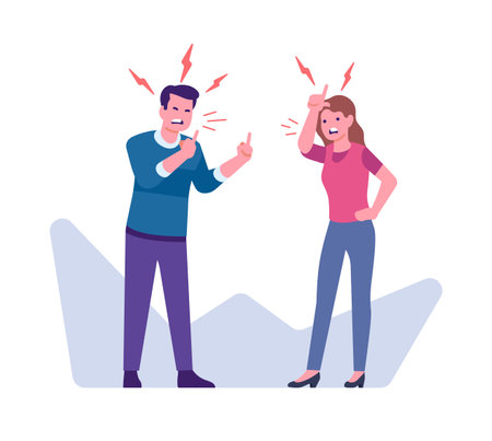 Woman and man yelling at each other and making rude gestures. Quarreling people. Aggressive conversation. Arguing wife and husband. Misunderstanding and furious dialog. Vector conceptのイラスト素材