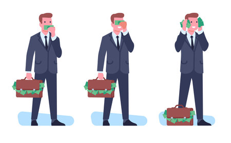 Corruption and bribery. Man committing crimes for money. Briefcase cash. Male covers eyes, mouth and ears with banknotes. Corruptibility official and politician. Vector rich guys setのイラスト素材