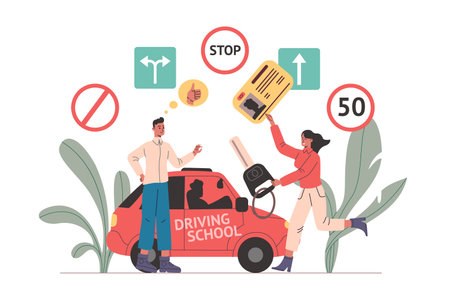 Driver license getting. Successful driving school exams passing. Happy girl. Automobile and road signs. Vehicle traffic regulation test. Student with card and car key. Vector conceptのイラスト素材