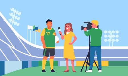 Female journalist with cameraman interviewing soccer player athlete. Football stadium. Footballer talking with TV presenter. Recording reportage. Sport competition news. Vector conceptのイラスト素材