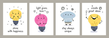 Light bulbs idea cards. Cute energy mascots. Cartoon lamps characters with motivational inscription text. Glowing happy faces. Smiling lightbulbs shine. Garish vector banners design setのイラスト素材