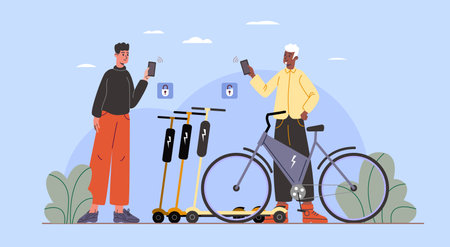 Radio frequency identification. Men renting electric bicycle and scooter. Transport rental service. Payment by electronic card. Guy scans tags. Modern mobile technology. Vector conceptのイラスト素材