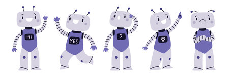 Robot mascot. Android digital assistant in different poses. Emotion expressions. Friendly cyborg...