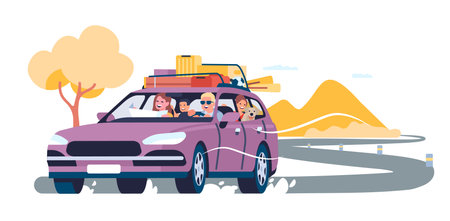 Summer travel by car. Family auto vacation. Road trip. Holiday transport driving. Baggage on vehicle roof. Automobile tourism. Adventure journey. Parents with children. Vector conceptのイラスト素材