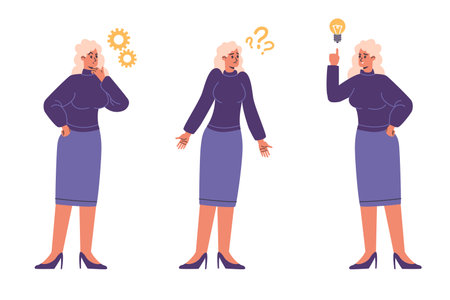 Woman think. Girl in thought process. Different states and postures. Brainstorming or problem solving. Fresh ideas searching. Brain work. Analysis or selection. Finding solution vector setのイラスト素材