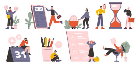 Work schedule. Effective time management. Goals and tasks planning. Cartoon people with clocks and calendars. Phone agenda control. Date tracking and hours. Vector organized characters setのイラスト素材