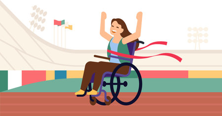 Young woman in wheelchair crosses red finish line. Race for handicapped. Paralympic competition. Tournament winner. Sport stadium. Female champion. Disabled girl achievement. Vector conceptのイラスト素材