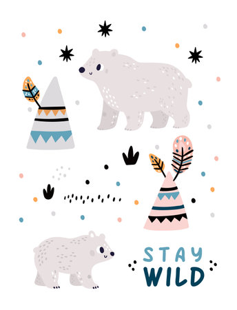North animals card. Cartoon white bear and Indian teepee. Wild polar mammal. Northern tribal wigwam. Arctic nature. Winter holiday. Christmas postcard. Vector kids banner Bohemian designのイラスト素材