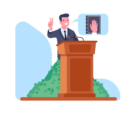 Politician cheats from rostrum. Corruption in politics. Man in suit committing crimes for money. Banknotes heap. Dishonesty political election. Corruptibility official. Vector conceptのイラスト素材