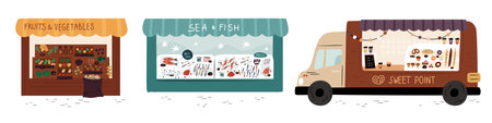 Street markets. Fair stalls and food trucks. Local marketplace. Seafood and bakery shops. Grocery store showcase. Vegetables and fruits kiosk. Pastry selling van. Garish vector setのイラスト素材