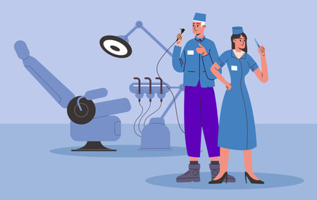 Dentists team. Doctors in hospital with sick tooth x-ray. Medical staff characters. Professional stomatology. Clinic specialists checking patients teeth. Dental office. Vector conceptのイラスト素材