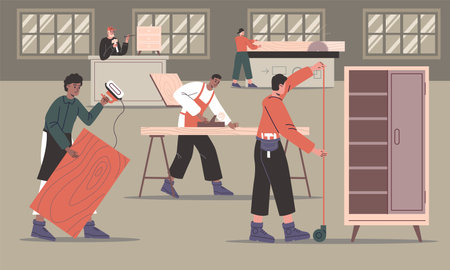 Furniture assembly. Carpentry shop workers. Wood processing. Woodworking manufacture process. Men making interior objects. People are sawing and drilling timber planks. Vector conceptのイラスト素材