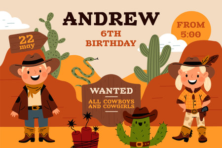 Kids birthday party. Cowboy poster. Childish holiday invitation. Boy or girl in western costumes. Wild west element. Anniversary banner design. Desert landscape. Garish vector conceptのイラスト素材