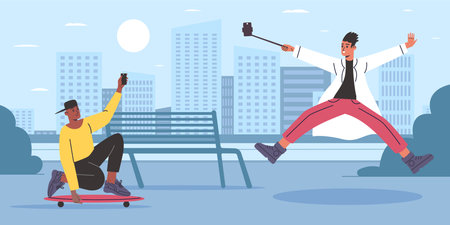 People making selfie. Guys on skateboards in city park take photos of tricks. Extreme sports hobby. Men posing or shooting photographies by smartphones. Phone snapshots. Vector conceptのイラスト素材