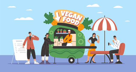 Street food market. Happy people try vegetarian products. Visitors at outdoor cafe. Men or women eating at tables. Vegan snacks stall on wheels. Customers buy greens. Vector conceptのイラスト素材