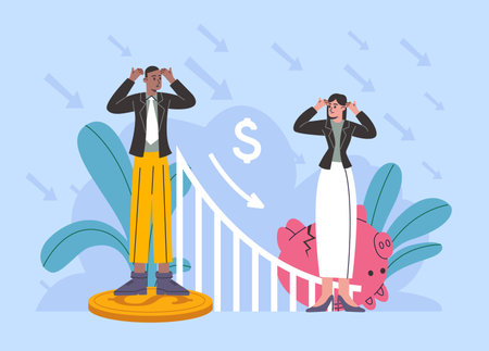 Bankrupt people. Worried man and woman. Investors fail. Financial collapse and business failure. Financial decrease. Falling charts and money lack. Broken piggy bank. Vector conceptのイラスト素材