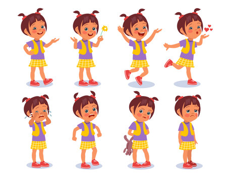 Cartoon girl expressions. Kid character in different poses. Positive and negative emotions. Cheerful or upset teenager. Cute child character. Laughing and crying teen. Splendid vector setのイラスト素材