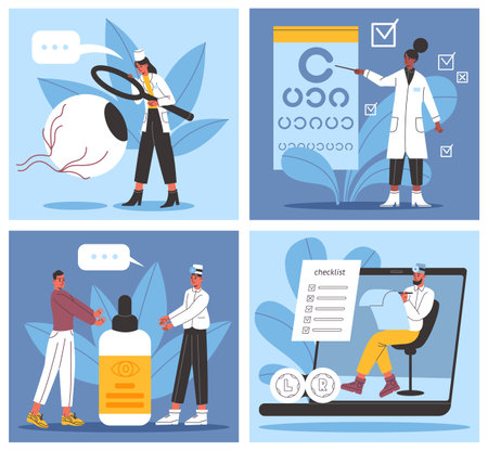 Eye doctors scene. Ophthalmic examination. Eyesight treatment. Ophthalmologist examining patient. Vision check. Drops appointment. Optometrists consultation. Vector ophthalmology setのイラスト素材