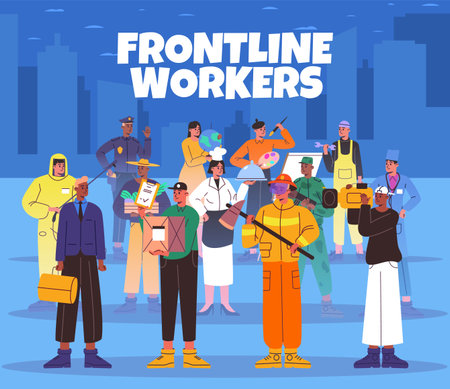 Frontline workers poster. Labor Day inspirational card. Representatives of different professions in uniform. Standing people group. Professional fireman and courier. Vector conceptのイラスト素材
