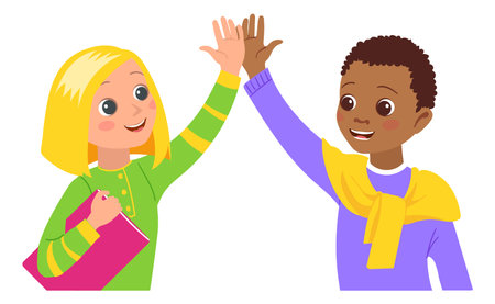 Kids greeting gesture. High five. Children smiling and clapping hands. Happiness expression. Positive emotion. Friends successful partnership. Success congratulations. Vector illustrationのイラスト素材