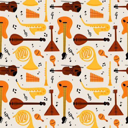 Musical instruments seamless pattern. Symphony performance. Cello and guitar. Orchestra attributes. Flute and maracas. Live concert accessories. Strings and wind. Garish vector backgroundのイラスト素材
