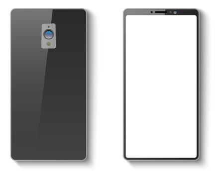 Office stationery. Realistic smartphone. Empty interface screen. Front and back view of mobile device. Phone design. Business gadget. Cellular communication. Vector isolated objects setのイラスト素材