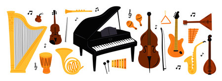 Cartoon musical instrument. Acoustic orchestra concert elements. Strings, wind and bows. Piano music performance. Isolated violoncello or harp. Jazz band saxophone. Garish vector setのイラスト素材