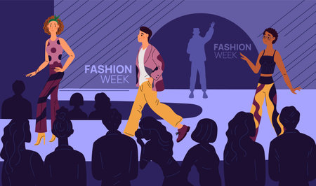 Runway fashion show. Models walk catwalk podium. New clothing collection presentation. Audience and designer. Fashionable event. Men and women in trendy clothes. Garish vector conceptのイラスト素材