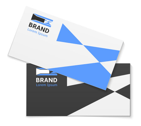 Ilustración de Office stationery. Business visit cards. Realistic company paper mockup for branding. Corporate logo. Information and contacts reminder. Blue abstract shapes. Vector rectangular pages - Imagen libre de derechos