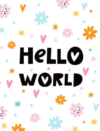 Cute baby shower animals card. Hello world. Birth anniversary celebration. Newborn children holiday. Love hearts. Blooming flowers. Phrase lettering. Vector invitation banner designのイラスト素材