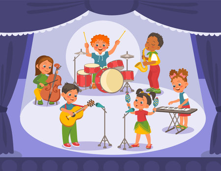 Kids orchestra concert. Cute young musicians on stage. Children sing and play instrumental compositions. Acoustic ensemble. Musical festival. Music performance. Splendid vector conceptのイラスト素材