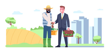 Businessman and farmer shake hands in agreement. Agree to supply organic products. Man buying eco vegetables and meat produce. Countryside and city landscape cartoon flat isolated vector conceptのイラスト素材
