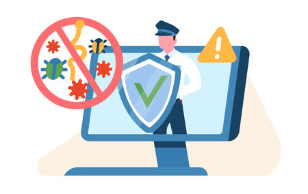 Computer security, protecting your computer from viruses and malware. Privacy information, access data confidential, network protection. Laptop software. Cartoon flat vector conceptのイラスト素材