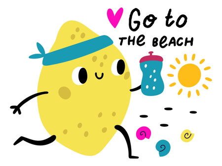 Cute happy fruits character. Summer vacation. Cartoon lemon running at beach. Summertime holiday. Citrus mascot with funny smiling face. Sea shore resort. Vector square kids banner designのイラスト素材