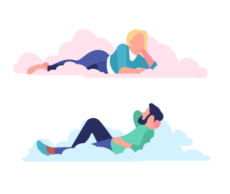 Happy creative carefree man and woman dreaming in clouds. Daydreaming characters, relaxed thoughtful boy and girls. Cartoon flat style isolated vector imagination and inspiration setのイラスト素材
