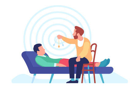 Man conducts hypnotherapy session for his visitor. Patient lying on sofa in trance, hypnosis therapy, psychedelic whirlpool and chatelaine watch cartoon flat style isolated vector conceptのイラスト素材