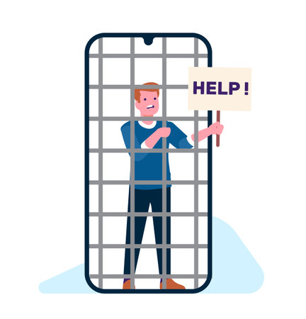 Young man suffering from nomophobia and phone addiction. Sad man in prison in form of smartphone with help sign, social media and internet. Cartoon flat style isolated vector conceptのイラスト素材