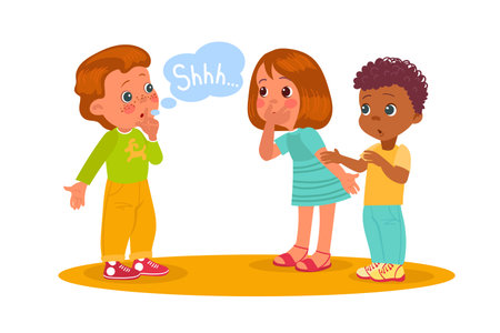 Boy makes gesture of silence or secrecy to his friends by putting his finger to his lips. Child show facial expression, no noise sign, keep secret cartoon flat isolated vector conceptのイラスト素材