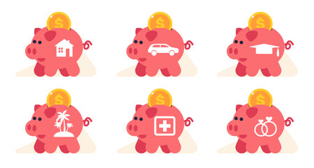 Collecting money in piggy bank to buy house, car, school, medical treatment, marriage and vacation. Icons or stickers collection. Family investments cartoon flat isolated vector setのイラスト素材