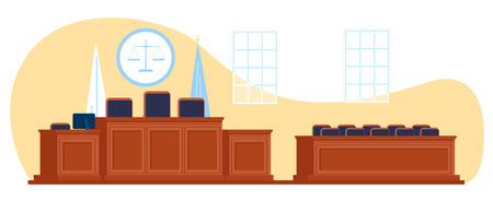 Courtroom with space for judge and jurors. Attorney workplace. Clerk and witnesses tables. Courthouse room empty interior. Wooden tribunes and armchairs. Court furniture. Vector conceptのイラスト素材