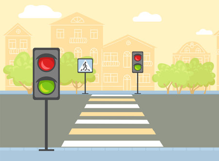 Crosswalk with road sign and traffic lights. Empty street. Urban landscape. Pedestrian walking. Highway zebra crossing. Automobile asphalt roadway. Car transportation. Vector conceptのイラスト素材