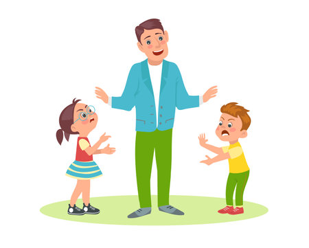 Father mediates between two angry quarreling children. Parent stops conflict. Kids arguing and shouting. Yelling son and daughter. Brother and sister dispute. Bad behavior. Vector conceptのイラスト素材