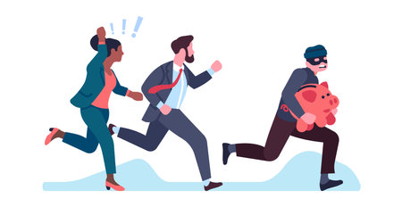 Stealing financial savings. Thief with piggy bank running away from angry people. Robber escaping from man and woman. Burglar chase. Money theft. Defrauded investors. Vector conceptのイラスト素材