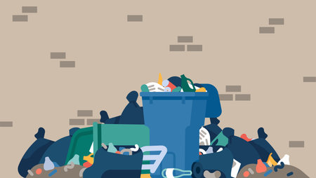 Trash cans. Garbage heap on street. Bin overloaded with rubbish. Scattered litter piles. Urban dump. Full stinking dumpster and bags. Road landfill with unsorted refuse. Vector conceptのイラスト素材