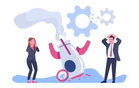 Business project crash. Entrepreneur failure. Frustrated man or woman standing at broken rocket of startup. Businessman fail. Unsuccessful strategy. Economy recession. Vector conceptのイラスト素材