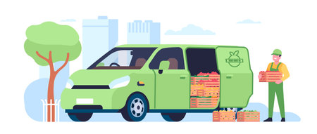 Delivery of farm fresh fruits and vegetables. Deliveryman holding box of natural products. Man loading crates into automobile van. Agriculture harvest. Courier in uniform. Vector conceptのイラスト素材