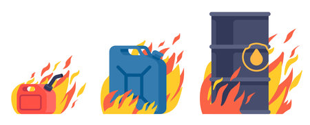 Fire in gasoline and oil tanks. Burning barrels. Flammable canisters. Dangerous fuel storage. Petroleum containers in flame. Environment pollution. Vector blazing petrol bottles setのイラスト素材
