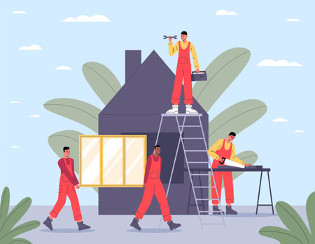 Home renovation scene. Cartoon workers characters. Guys in overalls sawing and mounting window. Builders brigade repairing house. Professional masters. Carpenter on ladder. Vector conceptのイラスト素材